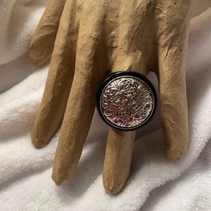 Silver stamped filigree and black acrylic Statement Ring size 9